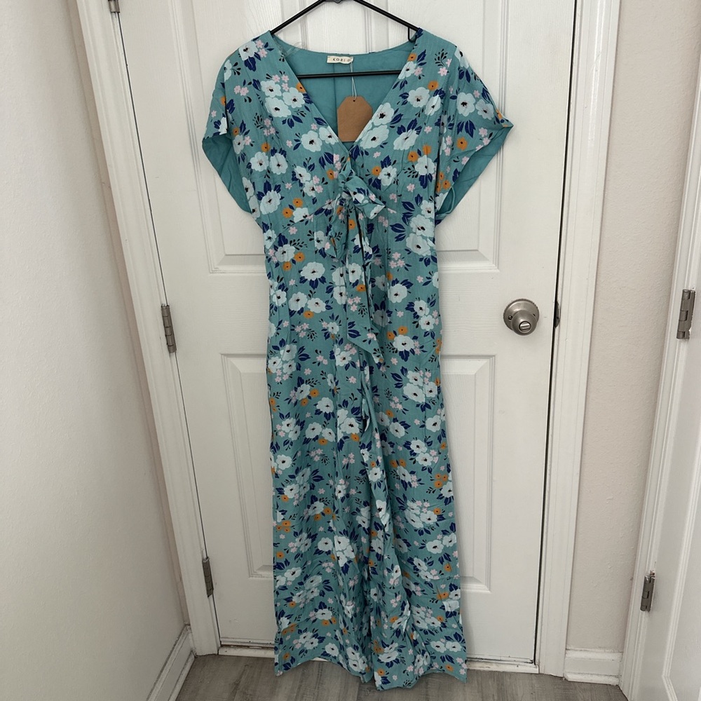 Kori Teal Floral Tie-Front Romper